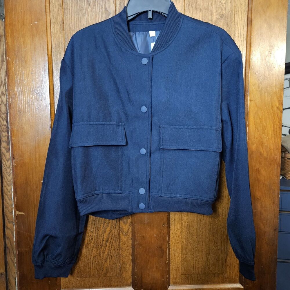 Amy Babe L Cropped Bomber Varsity Jacket  Y2K Streetwear Blue Shacket Athleisure